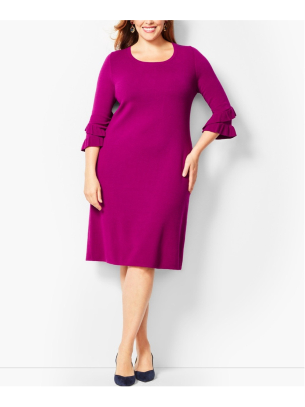 CLARA SUN WOO Size M Magenta Three Quarter Sleeve Ruffled Sleeve Midi Dress